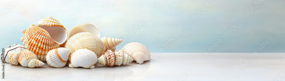 A collection of assorted seashells rests on a smooth surface, set against a soft, gradient background, evoking a serene, coastal atmosphere. A collection of assorted seashells rests on a smooth surface, set against a soft, gradient background, evoking a serene, coastal atmosphere.