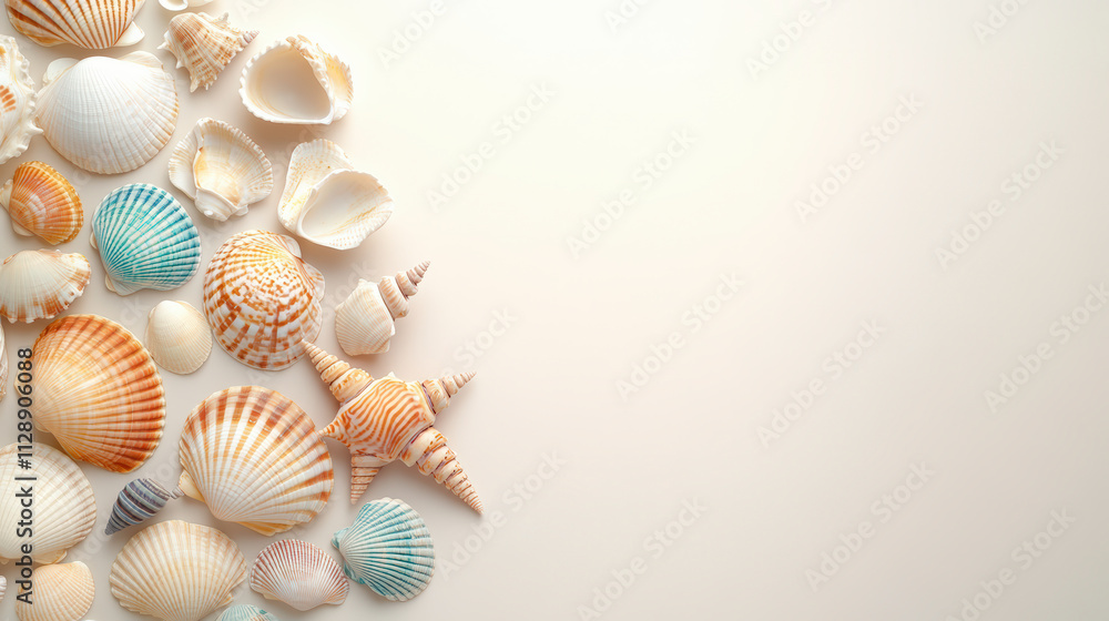 Colorful seashells and starfish are artfully arranged on a soft, neutral background, creating a serene, beach-inspired composition with ample space for text. Colorful seashells and starfish are artfully arranged on a soft, neutral background, creating a serene, beach-inspired composition with ample space for text.