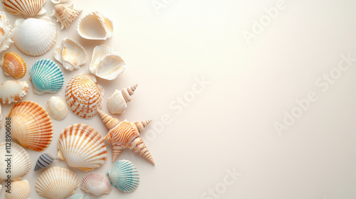 Colorful seashells and starfish are artfully arranged on a soft, neutral background, creating a serene, beach-inspired composition with ample space for text.