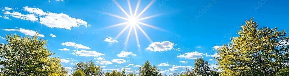 Bright Sunlight Over Lush Green Trees Against a Clear Blue Sky with Fluffy White Clouds Bright Sunlight Over Lush Green Trees Against a Clear Blue Sky with Fluffy White Clouds