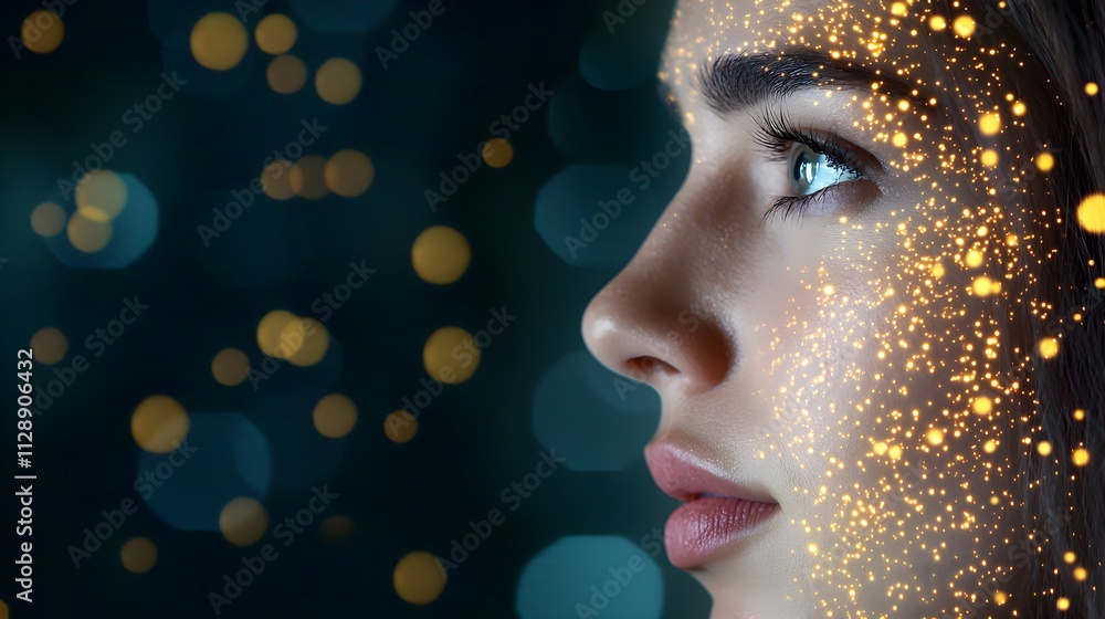 Ethereal portrait with glowing particles on a woman's face Ethereal portrait with glowing particles on a woman's face