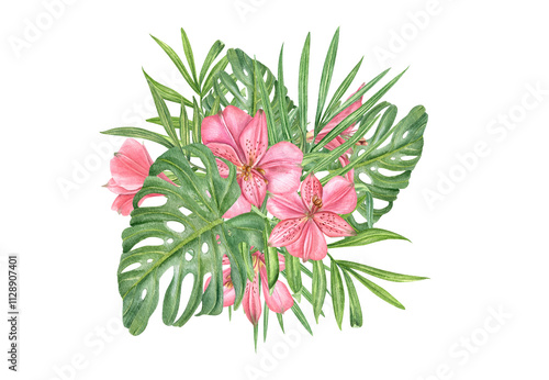 Watercolor tropical green leaves and pink flowers illustration. Palm and monstera foliage with Alstroemeria flower. Dense jungle. Composition for textile design, greeting card or cloth decor