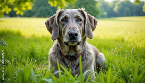 Loyal golden retriever lying in tall grass, enjoying a sunny day in a serene outdoor setting 