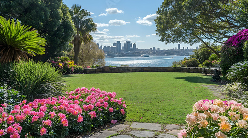 Fototapeta Naklejka Na Ścianę i Meble -  Sydney urban botanical garden with vibrant flowers and harbor views, modern Australian oasis