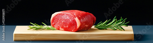 Raw beef steak with rosemary on a wooden board, black background. photo