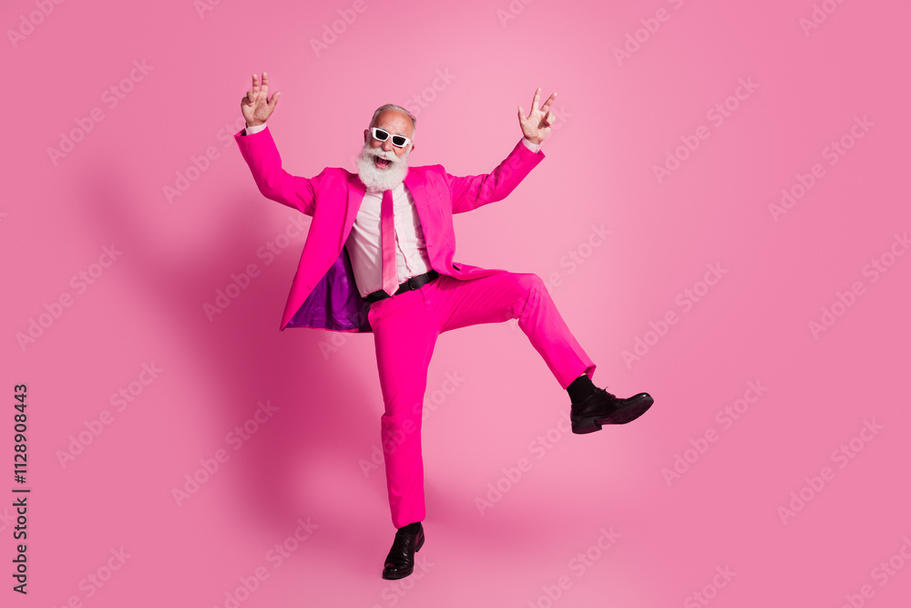 Full size photo of cool santa claus male anchorman macho dancing winning dressed sunglass pink suit isolated pastel background Full size photo of cool santa claus male anchorman macho dancing winning dressed sunglass pink suit isolated pastel background