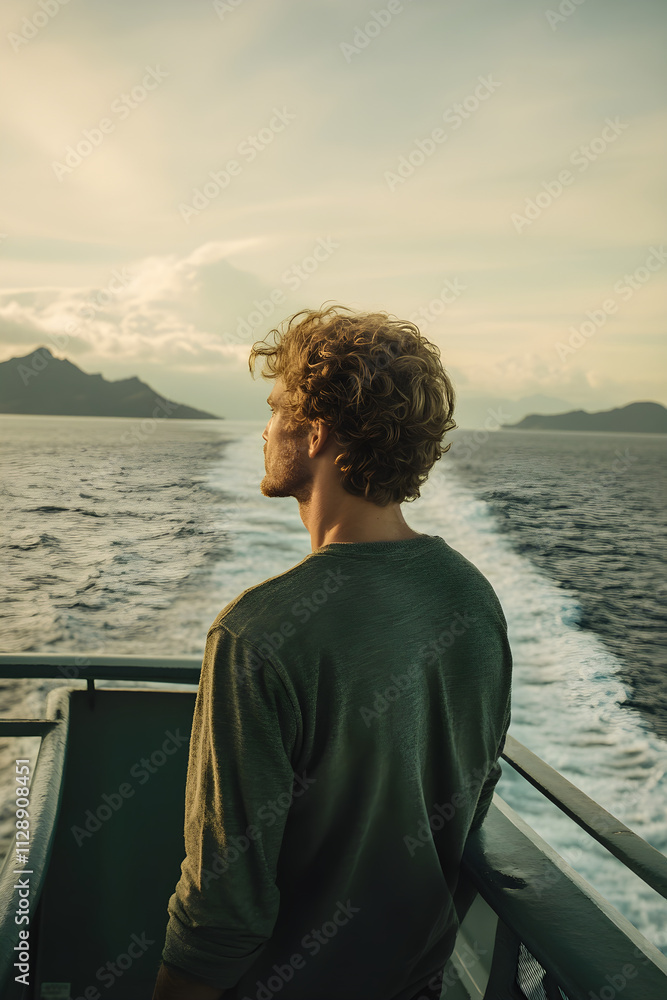 Fototapeta premium Man on Ferry Deck Immersed in Island View, Reflecting on the Serenity of Nature