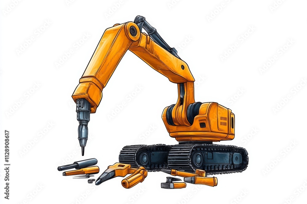 A clean illustration of a robotic arm surrounded by tools, drawn with muted tones and simple lines A clean illustration of a robotic arm surrounded by tools, drawn with muted tones and simple lines