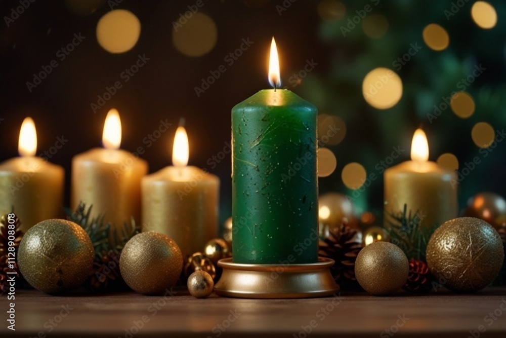 Burning Christmas Advent Candle - Green Candle with Xmas decoration and magic golden lights - Christmas background, banner, header, panorama Burning Christmas Advent Candle - Green Candle with Xmas decoration and magic golden lights - Christmas background, banner, header, panorama