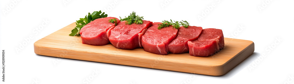 Sliced raw beef steak on a wooden board with fresh herbs. Sliced raw beef steak on a wooden board with fresh herbs.