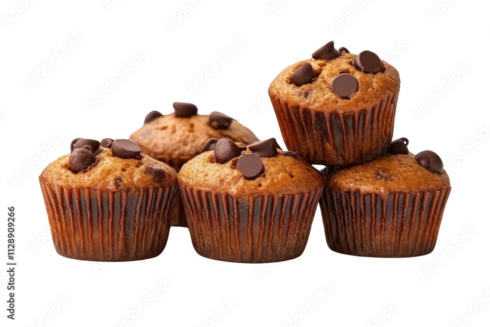 Stack chocolate chip muffins in wax liner on white. Stack chocolate chip muffins in wax liner on white.