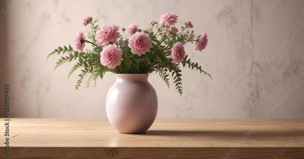 Simple yet elegant abstract vase featuring soft pink flowers and greenery on a minimalist wooden table , modern farmhouse decor, wooden table decor with plants, clean and simple decor Simple yet elegant abstract vase featuring soft pink flowers and greenery on a minimalist wooden table , modern farmhouse decor, wooden table decor with plants, clean and simple decor