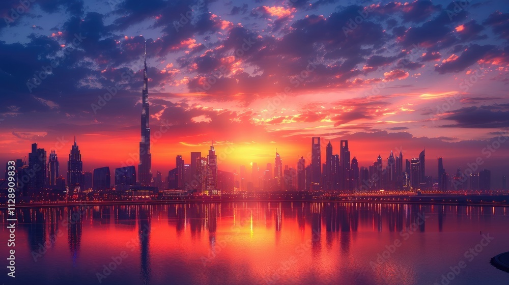 Obraz premium Dubai skyline at sunrise with vibrant colors reflected in the water.