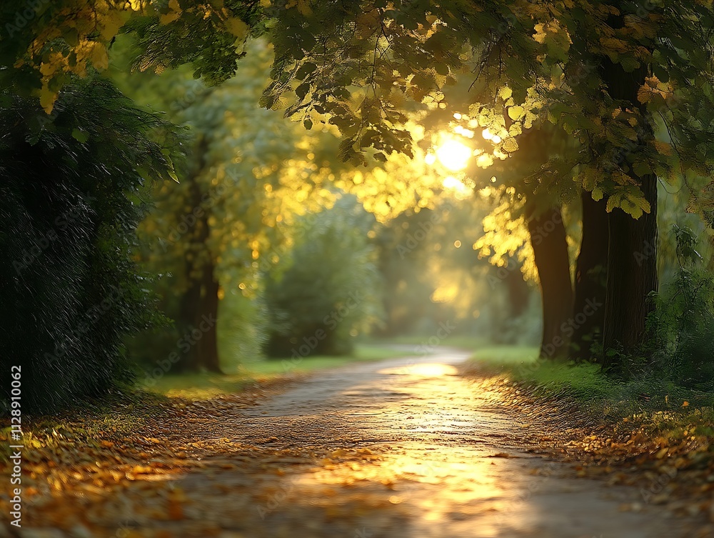 Obraz premium Sunlit Autumn Path Through Golden Leafed Trees