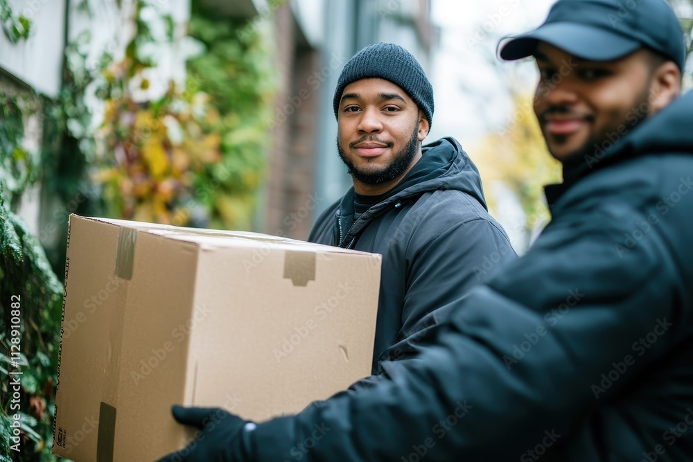 Two Delivery Workers Smiling While Carrying Package in Urban Environment During Autumn Season Two Delivery Workers Smiling While Carrying Package in Urban Environment During Autumn Season
