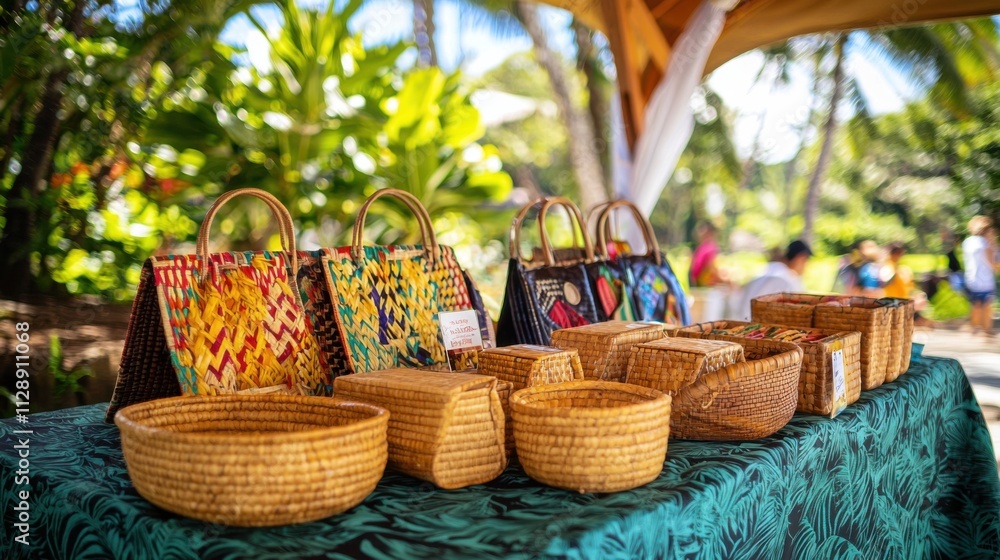 Colorful Handcrafted Woven Baskets on Display at Tropical Market Stall Colorful Handcrafted Woven Baskets on Display at Tropical Market Stall