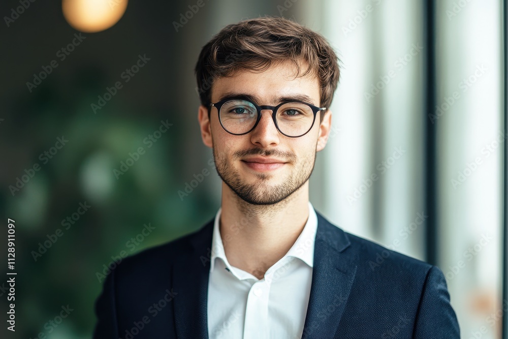 Confident young man in professional attire with glasses standing indoors, smiling warmly while showcasing a modern office background with soft lighting Confident young man in professional attire with glasses standing indoors, smiling warmly while showcasing a modern office background with soft lighting