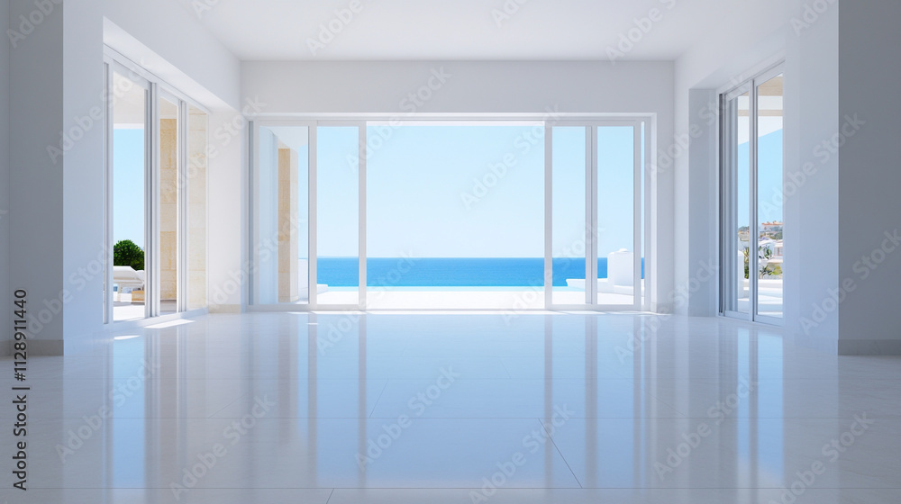 Fototapeta premium Bright modern interior with ocean view and large windows.