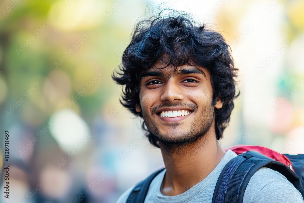 Young man with curly hair smiling brightly outdoors in a vibrant urban setting with blurred background showcasing colors and life during daytime Young man with curly hair smiling brightly outdoors in a vibrant urban setting with blurred background showcasing colors and life during daytime