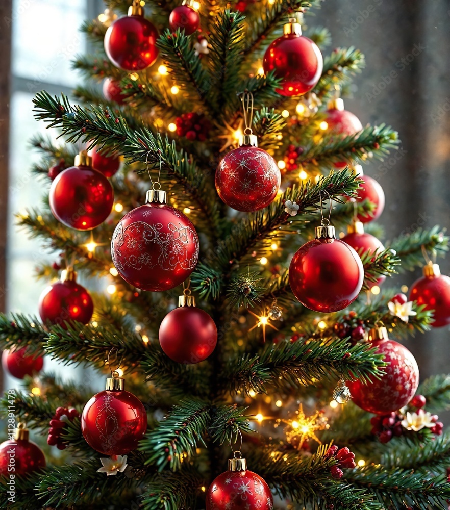 Red ornaments and baubles sparkle on the branches of a beautifully decorated Christmas tree, seasonal decoration, decorative elements, holiday cheer Red ornaments and baubles sparkle on the branches of a beautifully decorated Christmas tree, seasonal decoration, decorative elements, holiday cheer