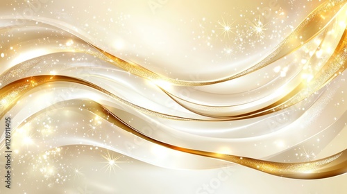 Abstract gold and white waves with sparkling light effects, creating a luxurious and elegant background design.