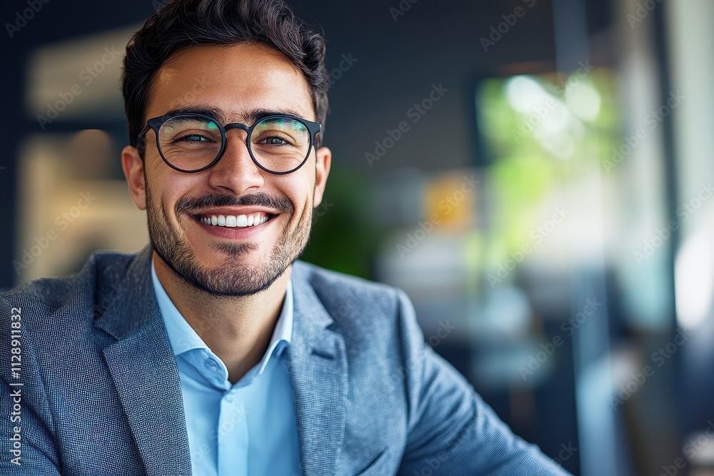 Smiling young professional man in modern office setting wearing glasses, demonstrating confidence and approachability in a business environment Smiling young professional man in modern office setting wearing glasses, demonstrating confidence and approachability in a business environment