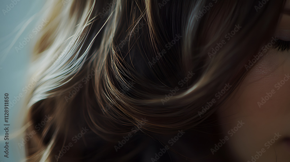 Naklejka premium A close-up of flowing wavy brunette hair shining under soft natural light.