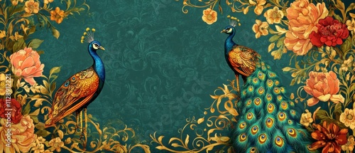 Elegant Peacocks Amidst Luxurious Floral Design, Teal Background photo