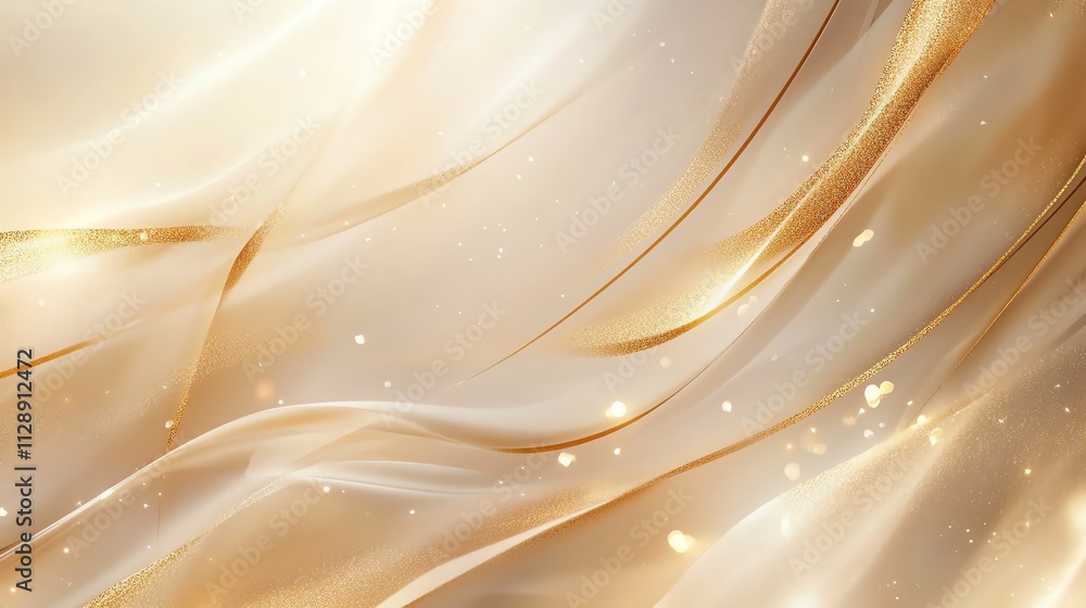 Fototapeta premium Elegant abstract beige and gold background with flowing curves and shimmering particles, creating a luxurious and sophisticated design.