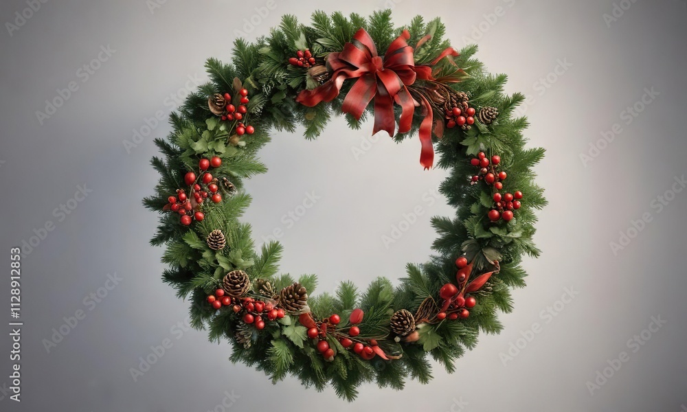 A beautiful Christmas wreath with pine and holly, evergreen, seasonal decor A beautiful Christmas wreath with pine and holly, evergreen, seasonal decor
