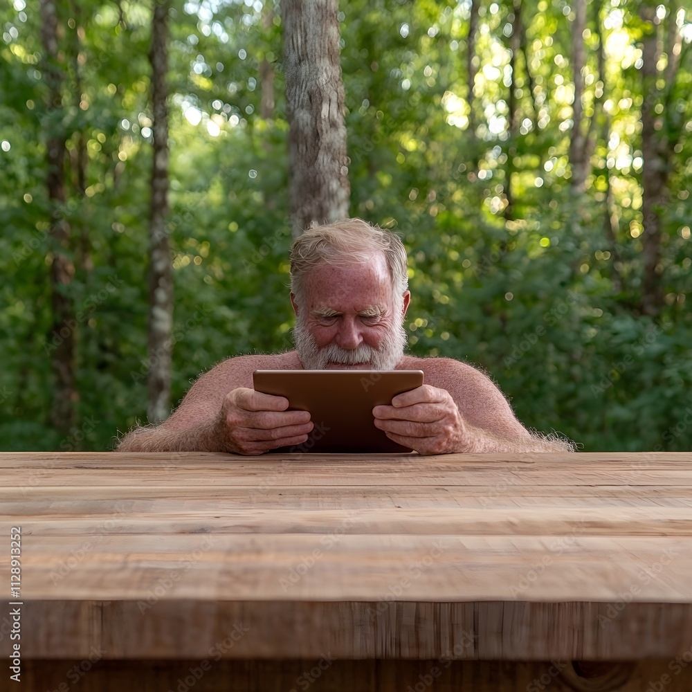 Senior man enjoying technology in a serene forest setting Senior man enjoying technology in a serene forest setting