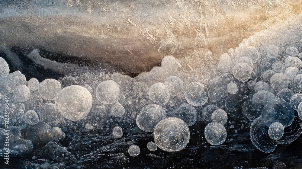 A detailed view of frozen air bubbles in ice, with refracted light creating shimmering patterns against a transparent surface A detailed view of frozen air bubbles in ice, with refracted light creating shimmering patterns against a transparent surface