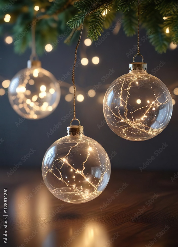 Sparkling fairy lights wrapped around glass ornaments, glass, ornaments Sparkling fairy lights wrapped around glass ornaments, glass, ornaments
