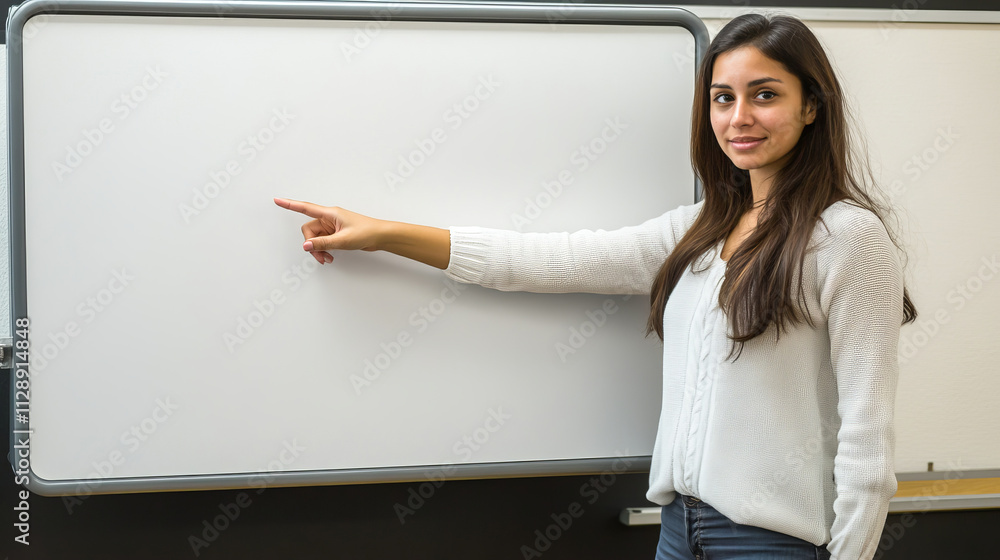 Young Woman Presenting Financial Data in a Classroom Setting with a Blank Whiteboard Young Woman Presenting Financial Data in a Classroom Setting with a Blank Whiteboard