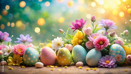 Decorative Pastel Easter Eggs Surrounded by Lush Flowers on a Soft Background in an Artistic Spring Setting Featuring a Beautiful Bokeh Effect for a Festive Touch