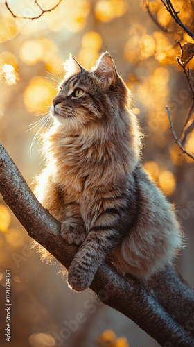 Norwegian Forest Cat Perched on Tree Branch in Golden Sunlight with Rich Natural Tones