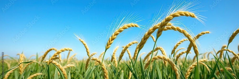 The ripened grain of wheat sways gently in the breeze amidst a sea of emerald green under a clear blue sky with not a cloud in sight , countryside, rolling hills The ripened grain of wheat sways gently in the breeze amidst a sea of emerald green under a clear blue sky with not a cloud in sight , countryside, rolling hills