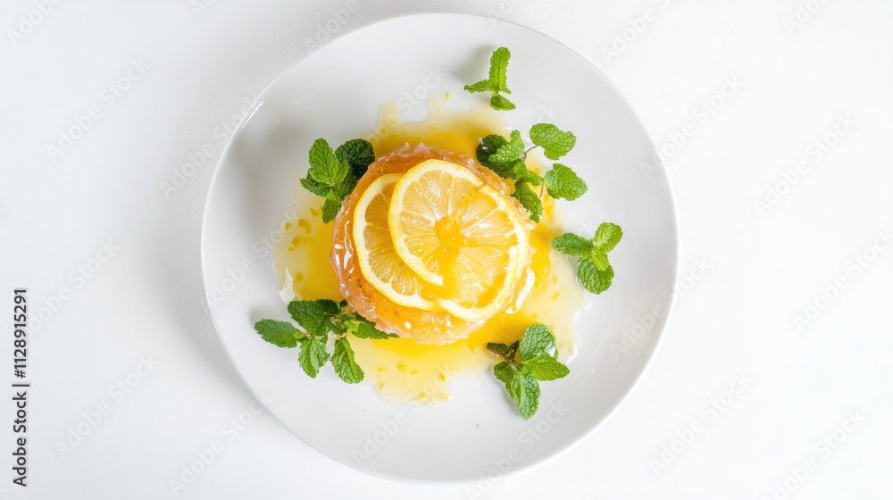 Elegant lemon drizzle cake topped with glossy lemon glaze, fresh mint leaves, and thinly sliced lemons, served on a clean white plate for a refreshing and minimal presentation. Elegant lemon drizzle cake topped with glossy lemon glaze, fresh mint leaves, and thinly sliced lemons, served on a clean white plate for a refreshing and minimal presentation.