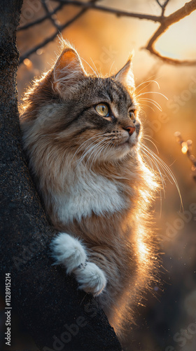 Majestic Norwegian Forest Cat Perched on Tree Branch in Golden Sunlight