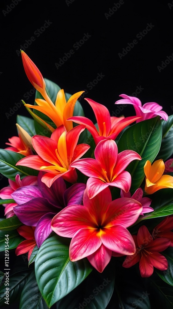 Fototapeta premium Tropical flowers in a bright and bold floral arrangement , tropical landscape, bright colors, colorful blooms
