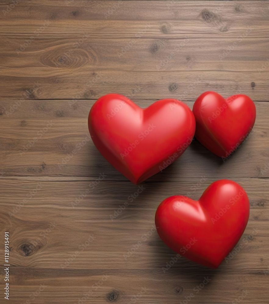 Two red hearts placed at an angle on a wooden table, creating a unique and modern arrangement, geometric shape, valentines day arrangements, decorative twist, unique layout Two red hearts placed at an angle on a wooden table, creating a unique and modern arrangement, geometric shape, valentines day arrangements, decorative twist, unique layout