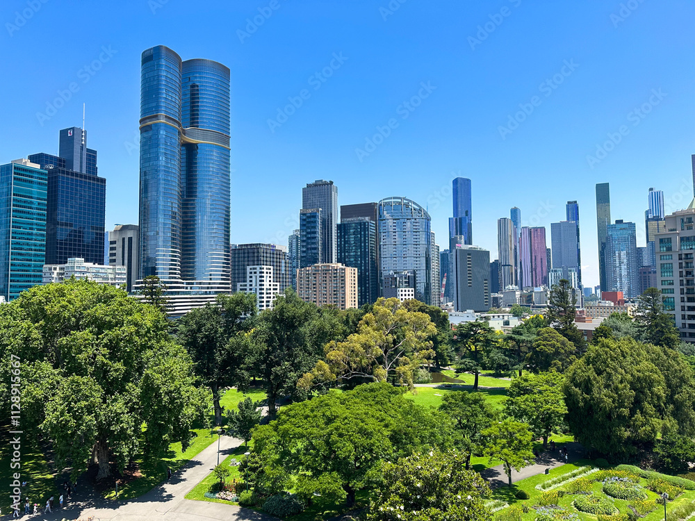 Fototapeta premium Cityscape of Melbourne, Australia, Showcasing Iconic Landmarks and Urban Charm