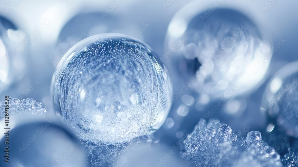 A dynamic macro shot of frozen air bubbles in thick ice, showing their reflective properties and sharp frost lines A dynamic macro shot of frozen air bubbles in thick ice, showing their reflective properties and sharp frost lines