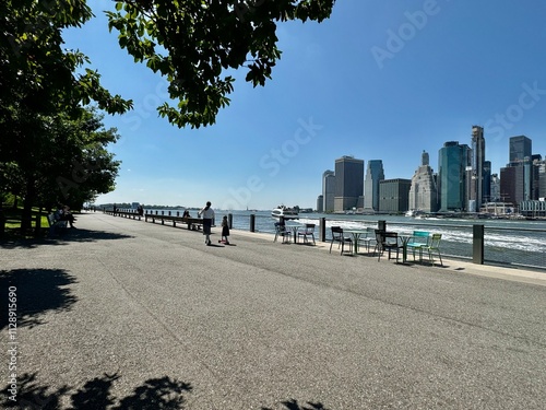 Riverside walk at brooklyn that can see midtown manhattan skyscraper skyline along east river.