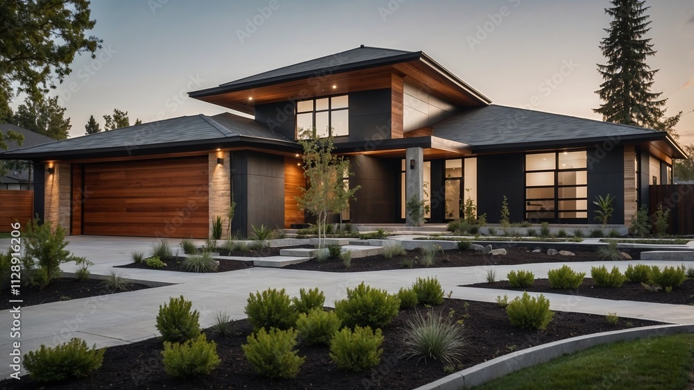 Modern residential home with landscaped yard and driveway. Modern residential home with landscaped yard and driveway.