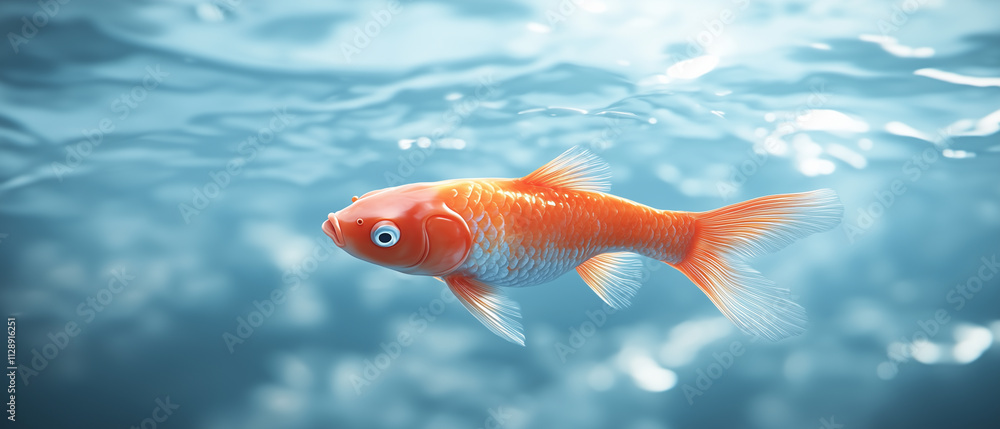Fototapeta premium Single Orange Goldfish Swimming Underwater.