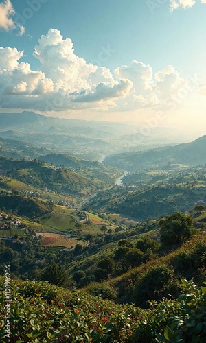 vista desde el cielo de un campo de colinas con cultivos, cultivos, paisaje