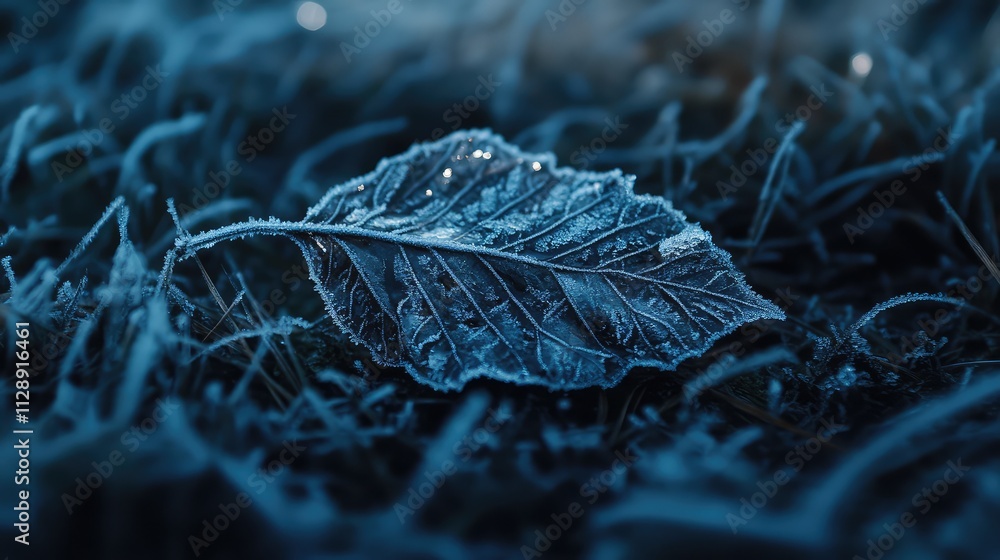 A fallen leaf encased in a thin layer of ice, resting on frosty grass with intricate frozen patterns visible on its surface A fallen leaf encased in a thin layer of ice, resting on frosty grass with intricate frozen patterns visible on its surface