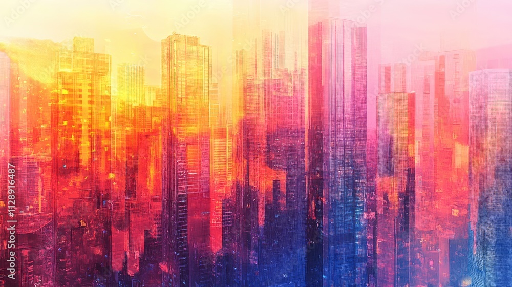 Tall buildings and coins are the same height, water color vivid Tall buildings and coins are the same height, water color vivid