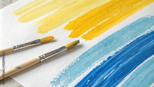 Watercolor brushstrokes in shades of yellow and blue applied in loose, expressive movements, creating a textured and dynamic background, soft colors, loose watercolor, artistic expression, photo